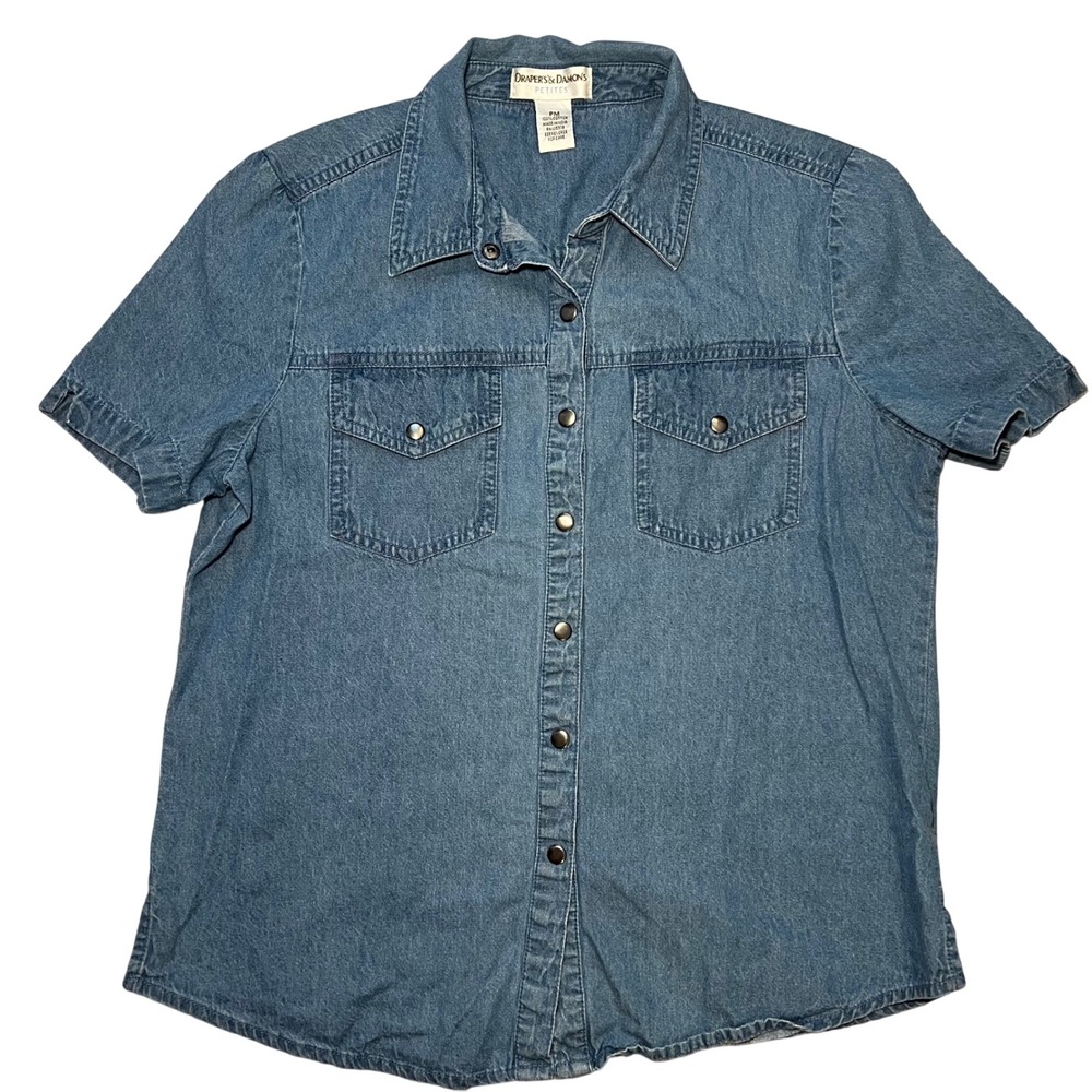 VTG 90s Drapers & Damons Denim Shirt Womens Petite M Blue Button Up Short Sleeve